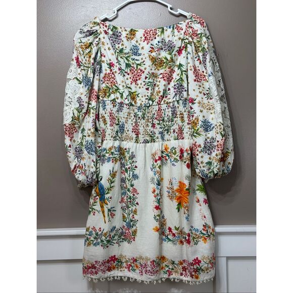 FARM RIO Delicate Forest Scarves Billowy-Sleeve Embroidered Mini Dress Women's L - Picture 13 of 14